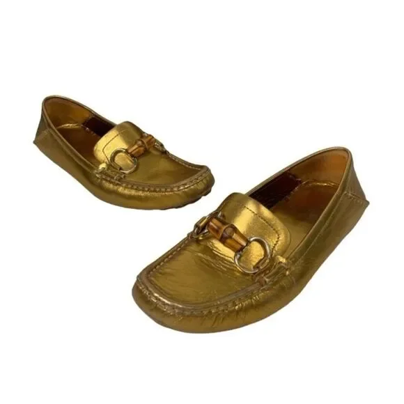 Gucci Women's 2000s Accent Gold Leather Loafers Sz 8.5 - Picture 1 of 14